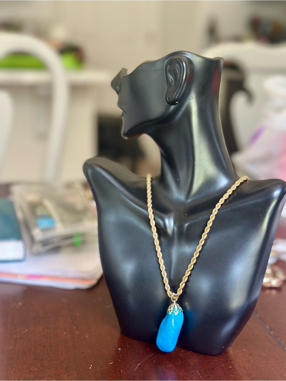 Old Gold Rope Chain with turquoise Pendant - Women Jewelry